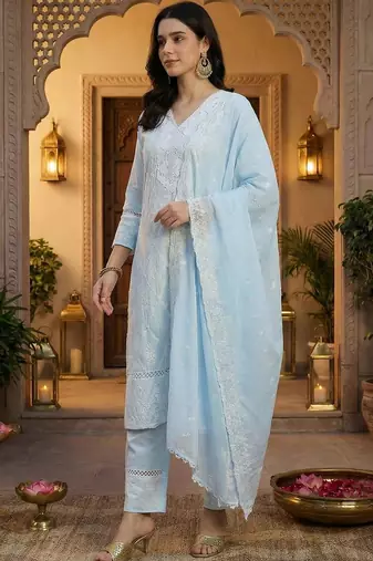 Women Ethnic Motifs Embroidered Regular Chikankari Pure Cotton Kurta with Trousers & With Dupatta