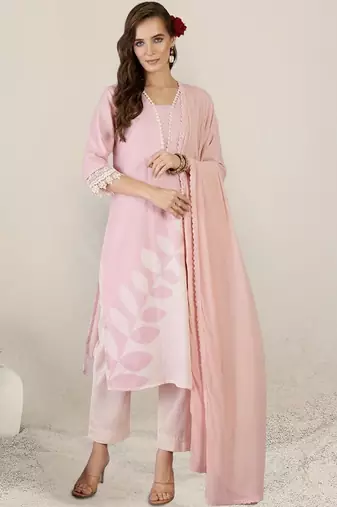 Women Floral Printed Regular Thread Work Linen Kurta with Trousers & With Dupatta