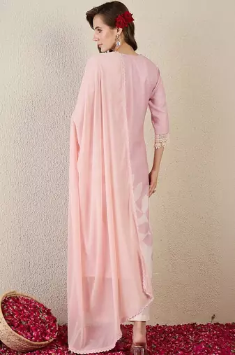 Women Floral Printed Regular Thread Work Linen Kurta with Trousers & With Dupatta