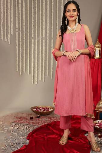 Striped Gotta Patti Kurta & Trousers With Dupatta
