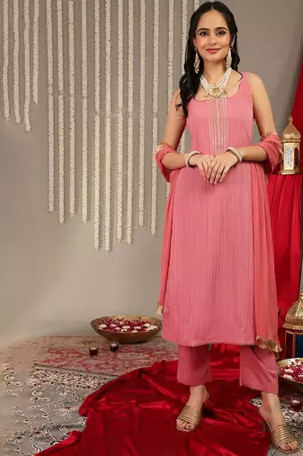 Striped Gotta Patti Kurta & Trousers With Dupatta