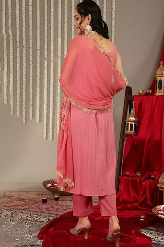Striped Gotta Patti Kurta & Trousers With Dupatta