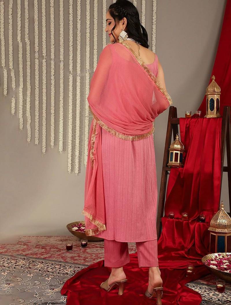 Striped Gotta Patti Kurta & Trousers With Dupatta