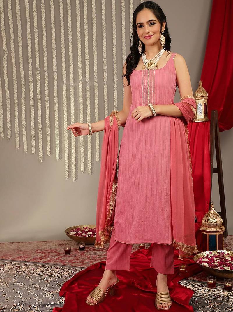 Striped Gotta Patti Kurta & Trousers With Dupatta