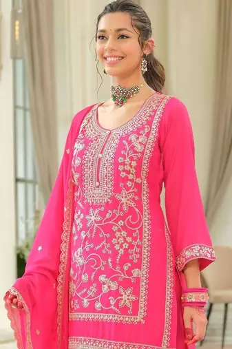 Women Ethnic Motifs Self Design Sequinned Kurta with Patiala & With Dupatta