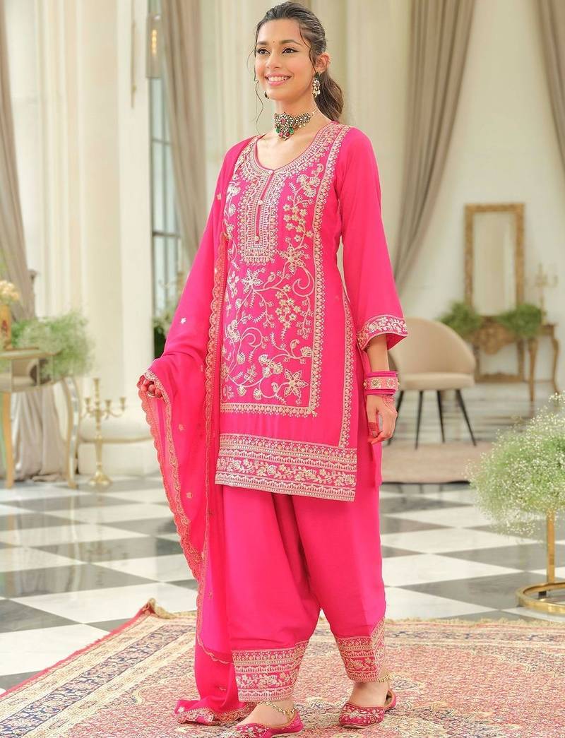 Women Ethnic Motifs Self Design Sequinned Kurta with Patiala & With Dupatta
