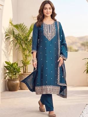 Women Ethnic Motifs Embroidered Regular Thread Work Kurta with Trousers & With Dupatta 1