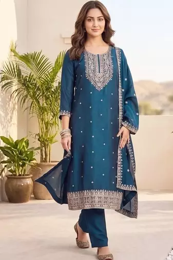 Women Ethnic Motifs Embroidered Regular Thread Work Kurta with Trousers & With Dupatta