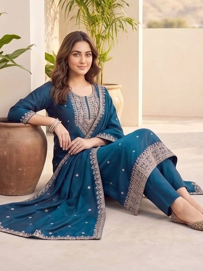 Women Ethnic Motifs Embroidered Regular Thread Work Kurta with Trousers & With Dupatta