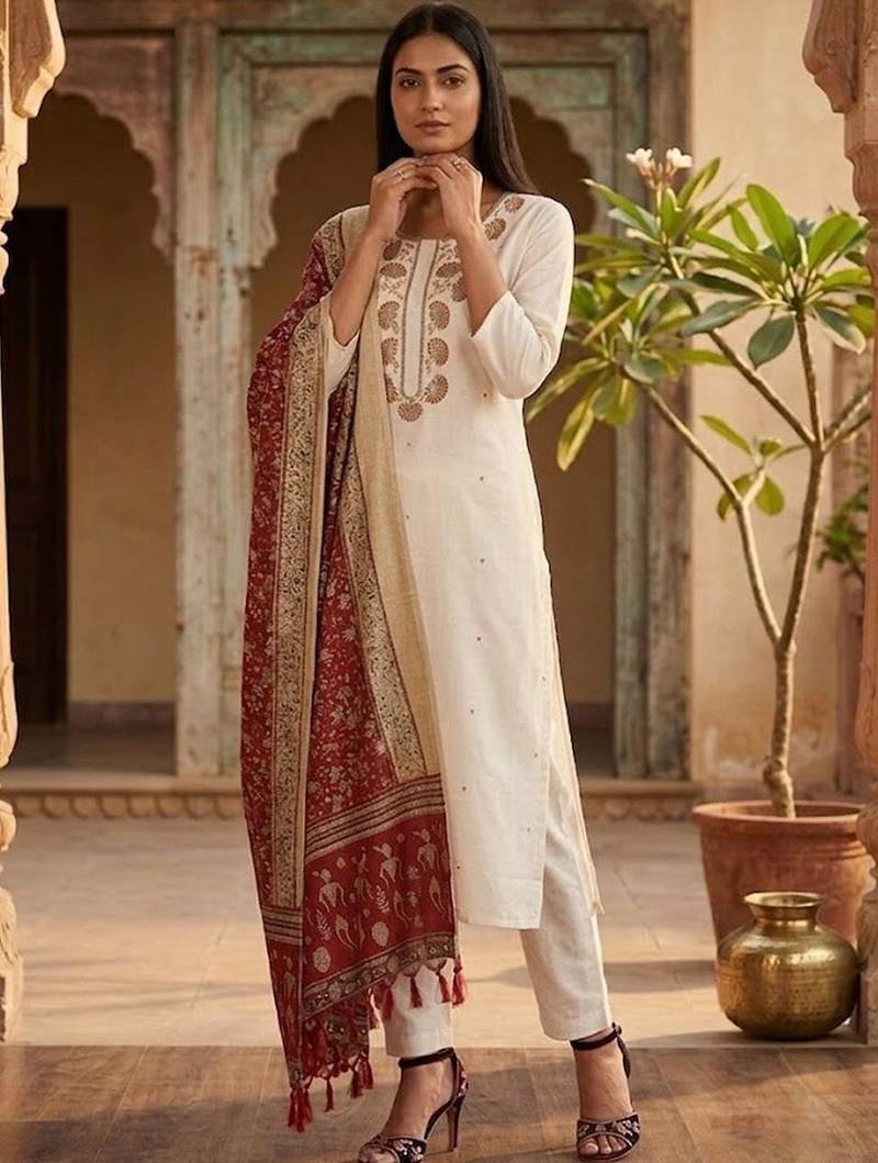 Women Embroidered Regular Thread Work Kurta with Trousers & With Dupatta