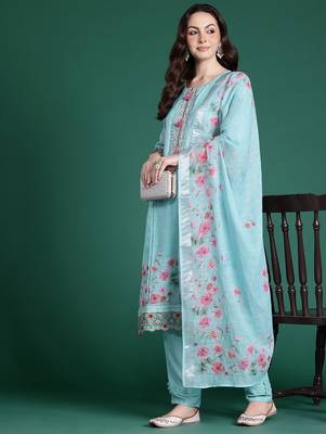 Floral Embroidered Linen Kurta with Trousers & Dupatta 1