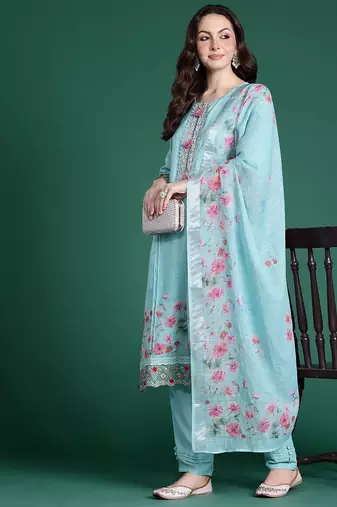 Floral Embroidered Linen Kurta with Trousers & Dupatta