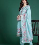 Floral Embroidered Linen Kurta with Trousers & Dupatta