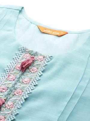 Floral Embroidered Linen Kurta with Trousers & Dupatta 2