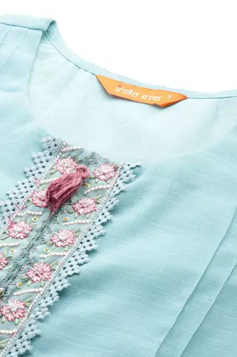 Floral Embroidered Linen Kurta with Trousers & Dupatta