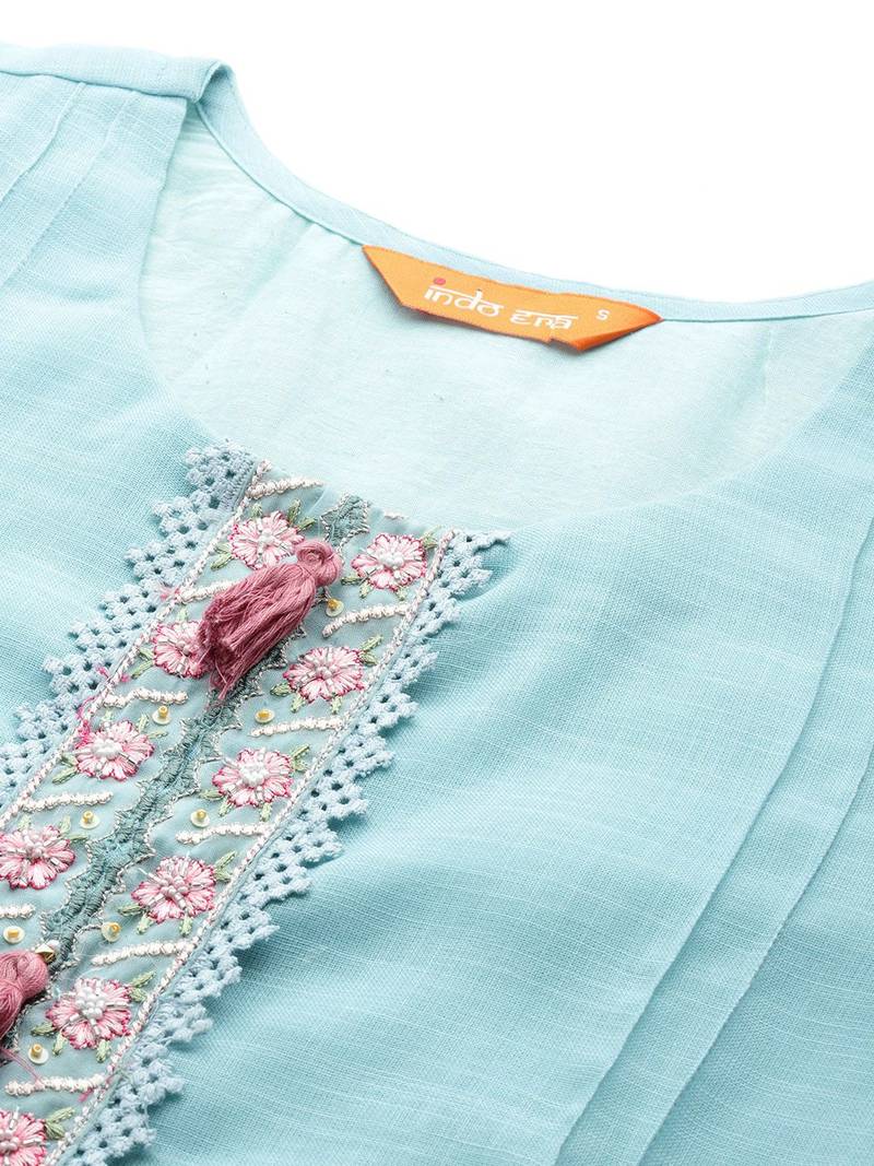 Floral Embroidered Linen Kurta with Trousers & Dupatta