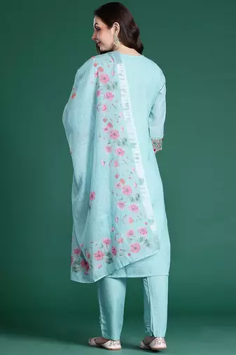 Floral Embroidered Linen Kurta with Trousers & Dupatta