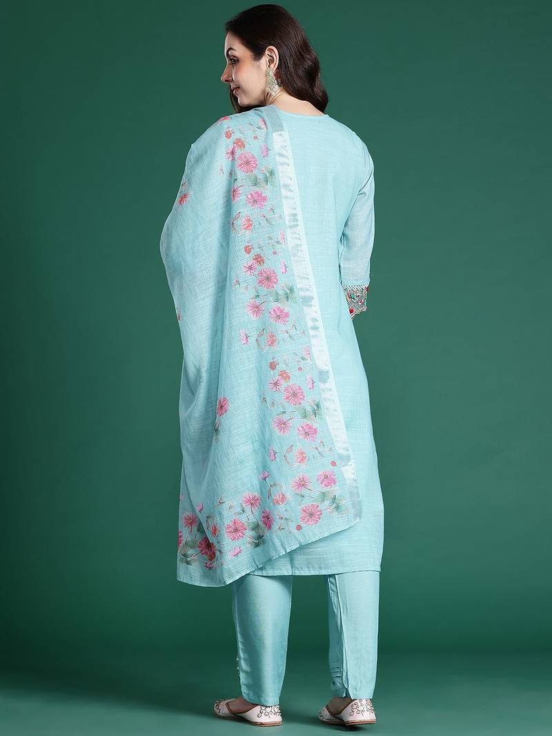Floral Embroidered Linen Kurta with Trousers & Dupatta