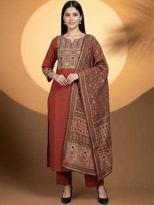 Women Ethnic Motifs Embroidered Regular Thread Work Kurta with Trousers & With Dupatta 1