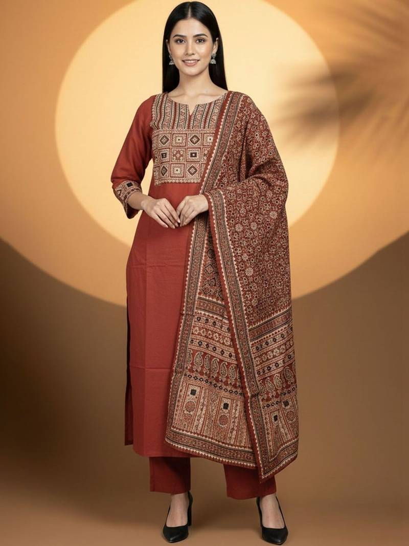 Women Ethnic Motifs Embroidered Regular Thread Work Kurta with Trousers & With Dupatta