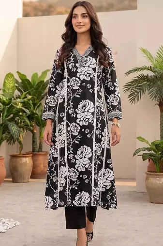 Women Floral Printed Regular Thread Work Pure Cotton Kurta with Trousers