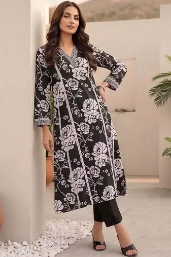 Women Floral Printed Regular Thread Work Pure Cotton Kurta with Trousers