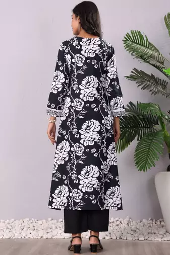 Women Floral Printed Regular Thread Work Pure Cotton Kurta with Trousers