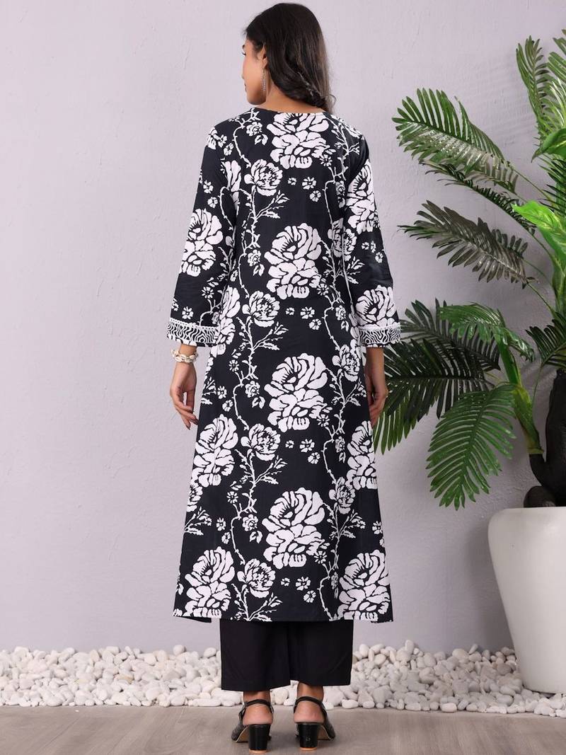 Women Floral Printed Regular Thread Work Pure Cotton Kurta with Trousers