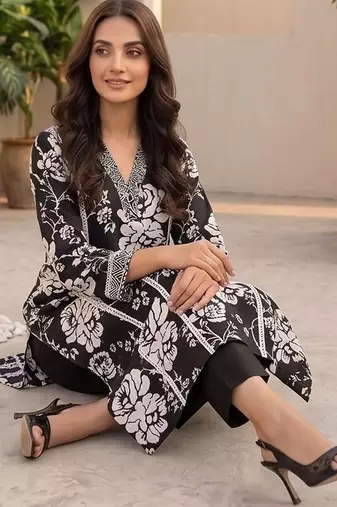 Women Floral Printed Regular Thread Work Pure Cotton Kurta with Trousers