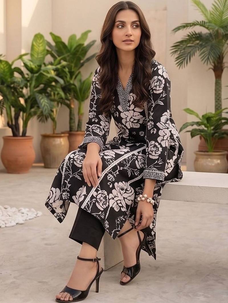 Women Floral Printed Regular Thread Work Pure Cotton Kurta with Trousers
