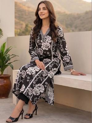 Women Floral Printed Regular Thread Work Pure Cotton Kurta with Trousers 7