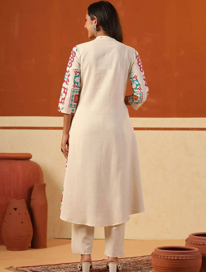 Women Printed Regular Thread Work Kurta with Trousers