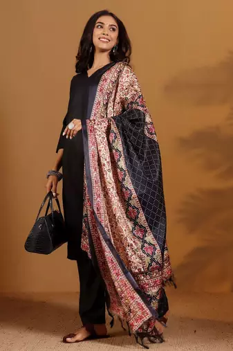 V-Neck Straight Kurta With Trousers And Dupatta