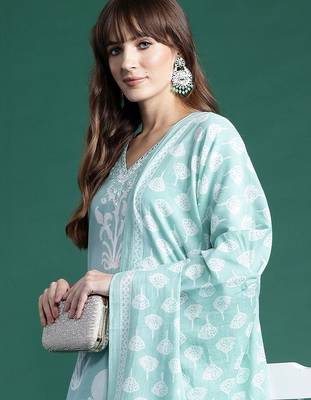 women floral printed regular mirror work  cotton kurta with trousers & with dupatta 2