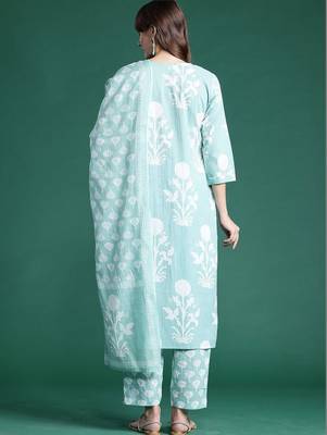women floral printed regular mirror work  cotton kurta with trousers & with dupatta 3