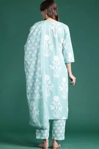 Women Floral Printed Regular Mirror Work Pure Cotton Kurta with Trousers & With Dupatta