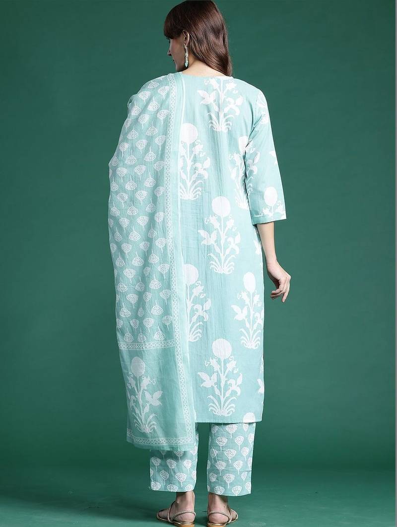 women floral printed regular mirror work  cotton kurta with trousers & with dupatta