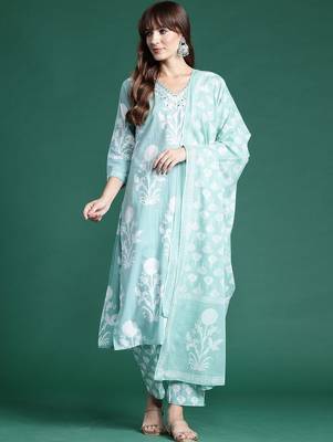 women floral printed regular mirror work  cotton kurta with trousers & with dupatta 4