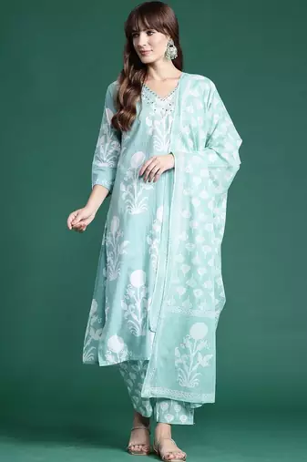 Women Floral Printed Regular Mirror Work Pure Cotton Kurta with Trousers & With Dupatta