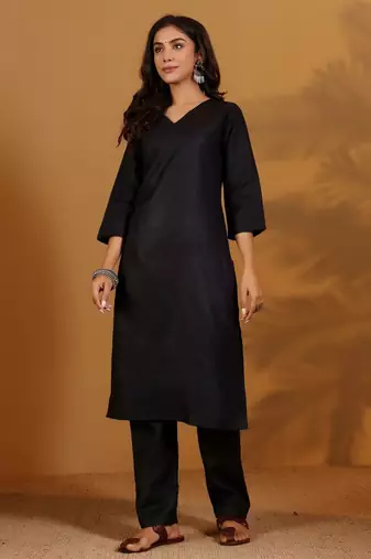 V-Neck Straight Kurta With Trousers And Dupatta