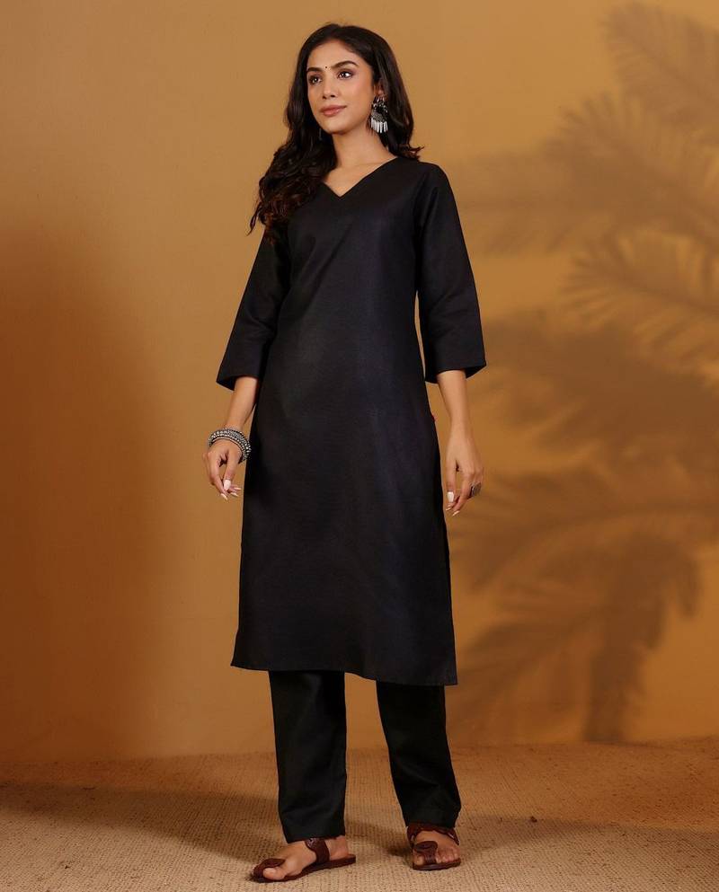 V-Neck Straight Kurta With Trousers And Dupatta