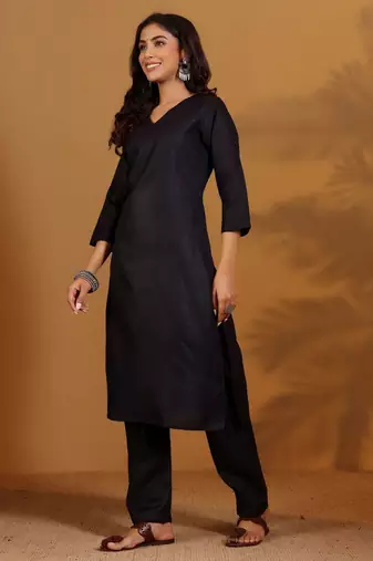 V-Neck Straight Kurta With Trousers And Dupatta