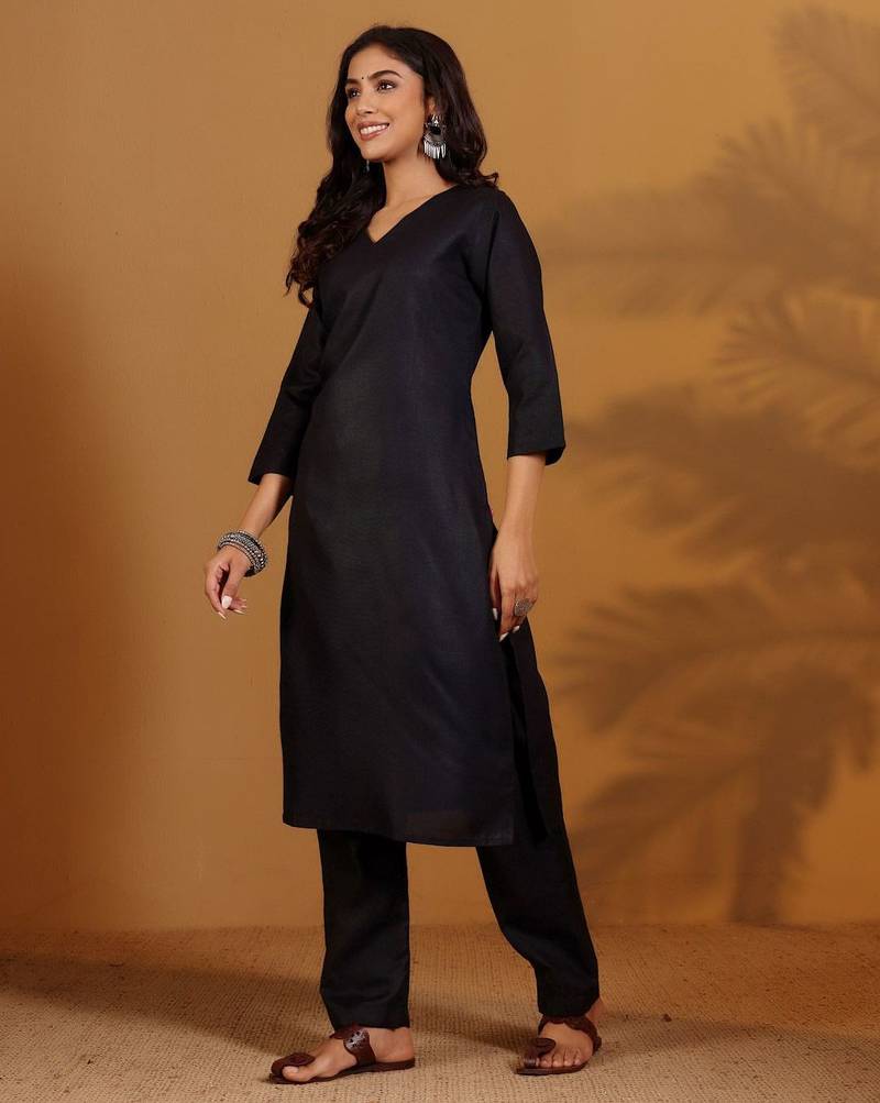 V-Neck Straight Kurta With Trousers And Dupatta
