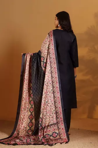 V-Neck Straight Kurta With Trousers And Dupatta