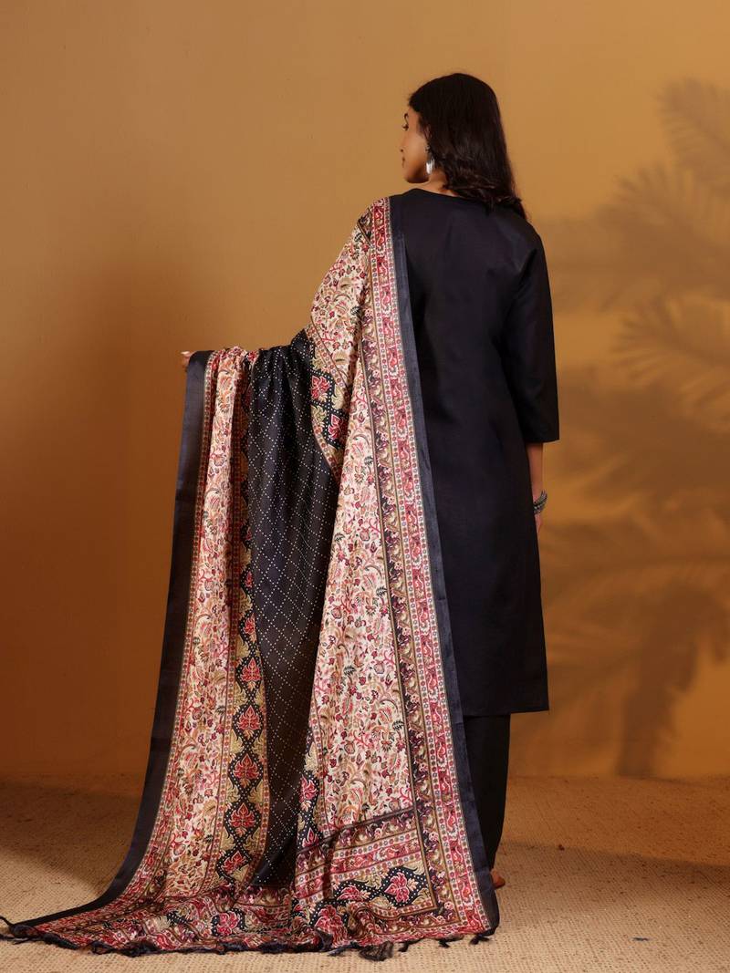 V-Neck Straight Kurta With Trousers And Dupatta