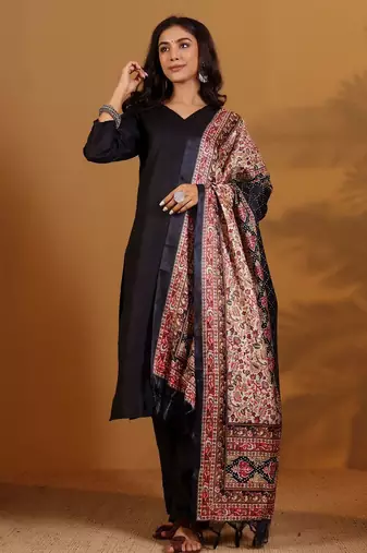 V-Neck Straight Kurta With Trousers And Dupatta