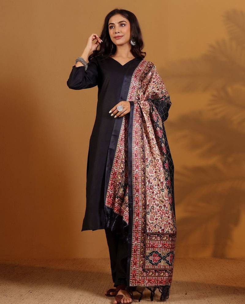 V-Neck Straight Kurta With Trousers And Dupatta
