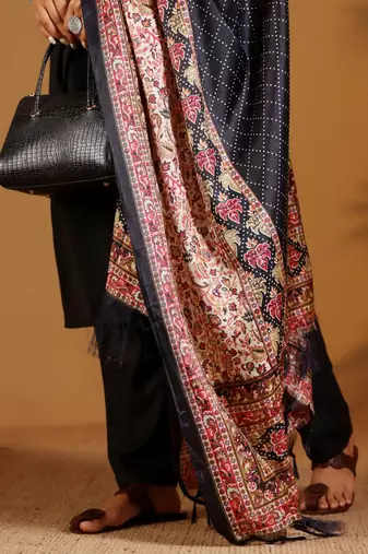 V-Neck Straight Kurta With Trousers And Dupatta