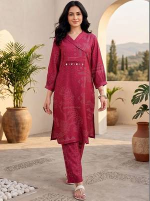 Women Ethnic Motifs Printed Angrakha Thread Work Chanderi Silk Kurta with Trousers 1
