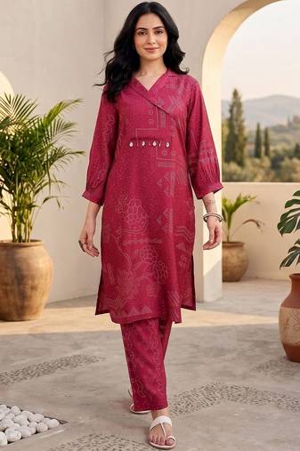 Women Ethnic Motifs Printed Angrakha Thread Work Chanderi Silk Kurta with Trousers